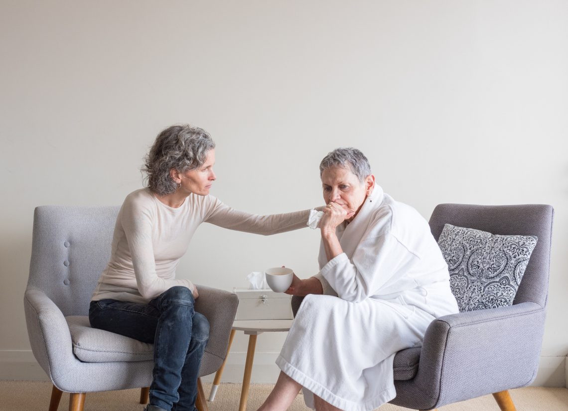 Adult Child with Anxious Elderly Mother